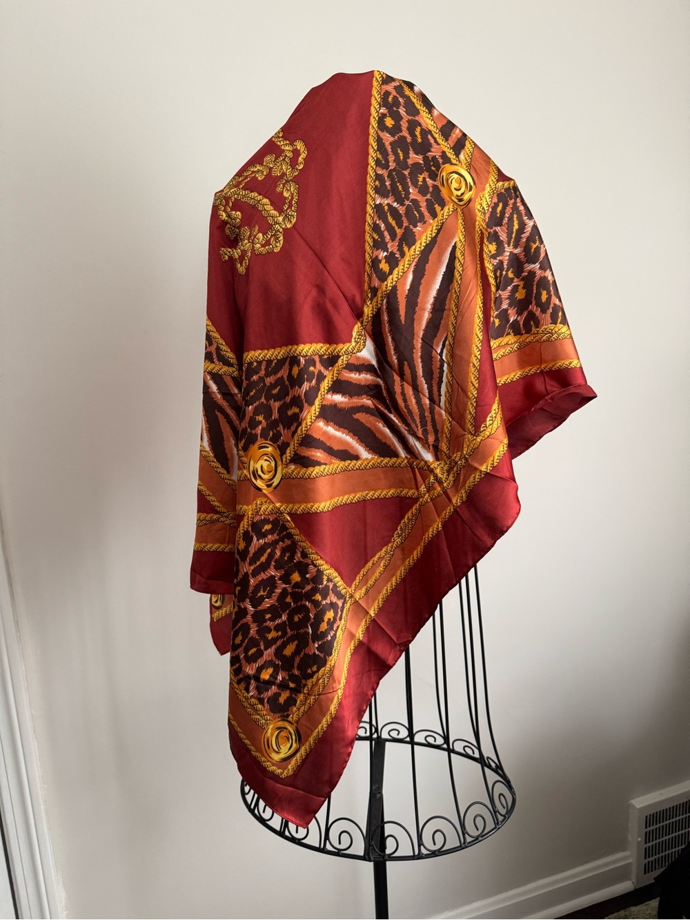 Red/Gold Animal Print Satin Polyester Scarf 36” x 36”